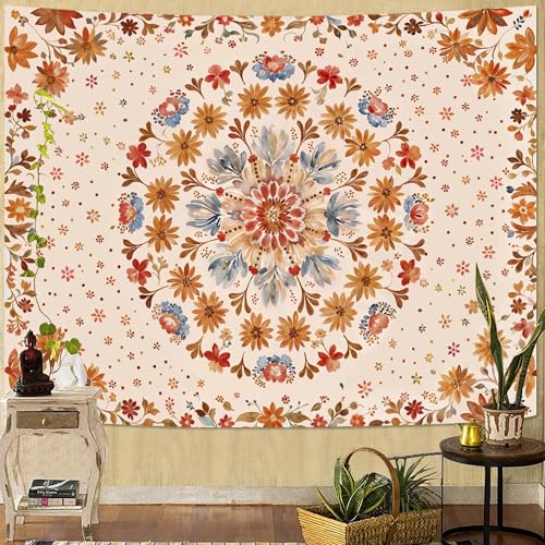 Fowocu Boho Floral Mandala Tapestry Wall Hanging Watercolor Bohemian Flower Medallion Tapestry Aesthetic Beige Orange Hippie Indian Small Tapestries for Bedroom Living Room Dorm Decor 48 x 36 Inch - color: Beige Orange, size: 48"L x 36"W