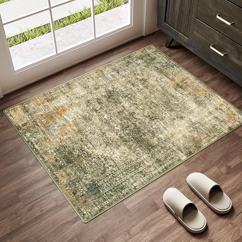 PureCozy Entryway Indoor Rug 2x3 Brown Washable Thin Non-Slip Floral Vintage Distress Print Doormat for Hallway Bedroom Low Pile Soft Throw Carpet for Kitchen Laundry Dining Room Bedroom Bathroom - color: Accent | Dark Brown, size: 2' x 3' (Rectangular)