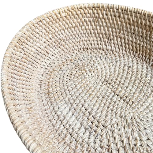 amololo14" Oval White Rattan Fruit Serving Basket,Table Décor Wicker Bread Serving Basket Tray with High Wall,Large Rattan Dining Table Centerpiece Bowl for Various Things,Bread,Snack,Odds and Ends - color: Wash White(14.2"x11.5"x3.5")