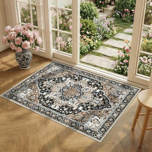 2x3 Black Washable Entry Rug - Non-Slip Rubber Backing Door Mat for Indoor Entryway, Kitchen, Bathroom - Stain & Fade Resistant Small Floral Farmhouse Decor, Black Multi - color: Black & Multi, size: 2' x 3' (Rectangular)