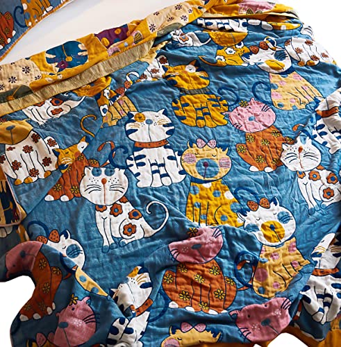 MEJU Kitty Cat Kids Child Girls Muslin Blanket Throw Reversible Cover for Bed Sofa Couch, 100% Combed Cotton 4 Layer Soft Warm Cartoon Throw Blanket Bed Cover Quilt Sheet Cats Blue F/Q 80 in x 90 in - color: Cats Blue, size: F/Q 80 in x 90 in