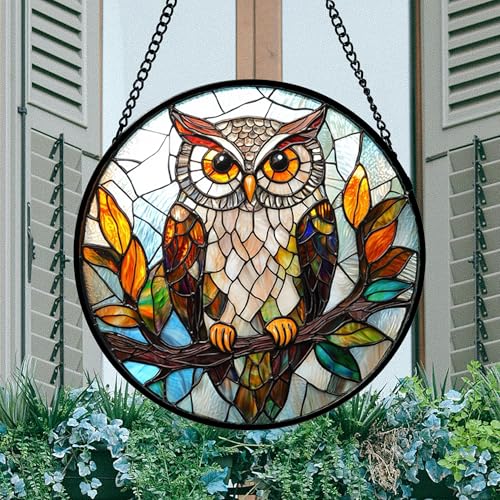 DASTOLL Stained Glass Window Hanging, Owl Colorful Leaves Birds Sun Catchers Diamond Glass Panel Hangings Suncatcher Decor for Birthday for Women, Men, Wife, Aunt, and Mom 14.9x14.9 in - color: Brown, size: 14.9x14.9 IN