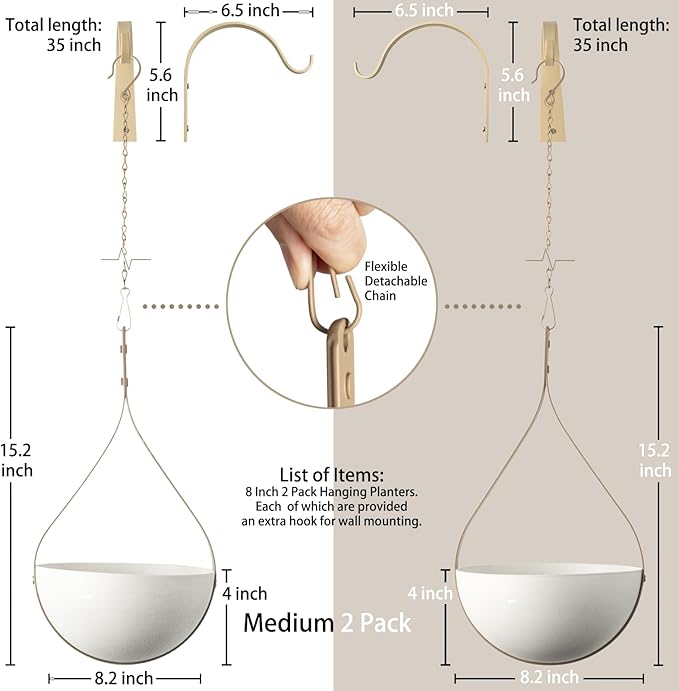 Hajia 2 Pack Waterdrop Shaped Hanging Planter, Beige Metal Plant Hanger with Non-Detachable Pots, Boho Hanging Plant Holder for Wall and Ceiling Decor.(No Plants or Drainage Holes)