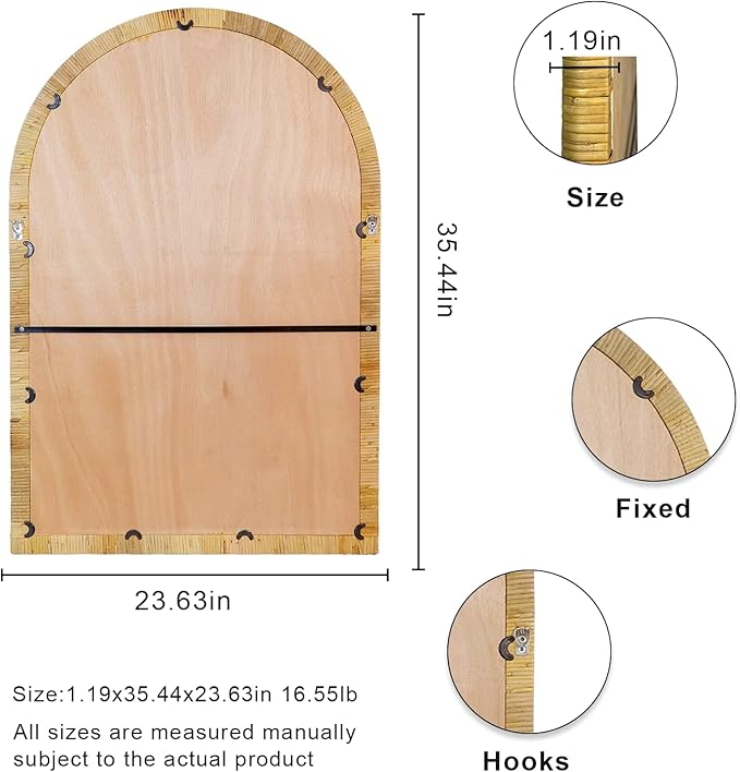 Rattan Wall Mirror, 36 x 24 - Boho Style for Bedroom, Bathroom, Living Room & Entryway (Natural Rattan Frame)