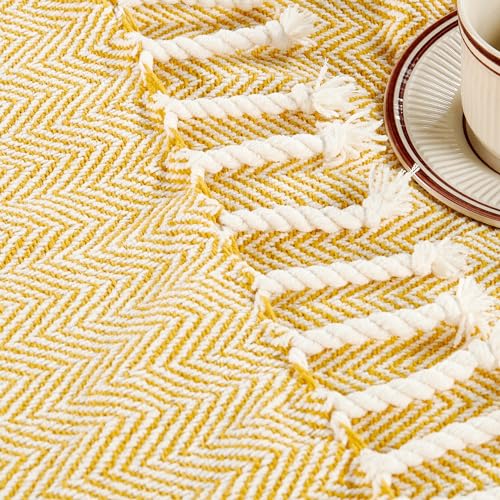 Herringbone Knitted Two Tone Throw Blankets with Braided Tassel Fringe, Boho Farmhouse Lightweight Turkish Throw Blanket for Couch Bed Sofa, Picnic, Yoga, Outdoor Blanket, 50 x 60 Inch, Yellow - color: Yellow