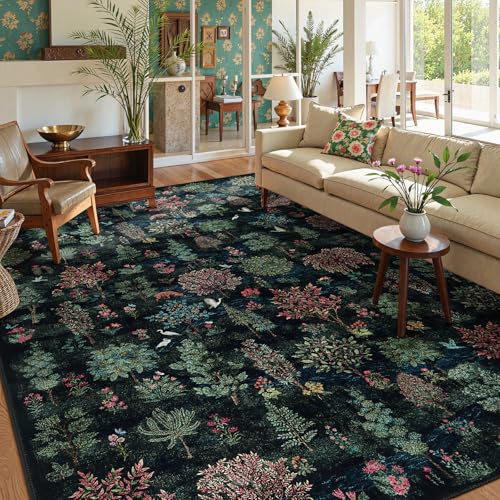 Beeiva 8x10 Rugs for Living Room, Dark Green Large Vintage Forest 8x10 Area Rugs for Bedroom, Soft Low Pile Stain Resistant Botanical Washable Rug Carpet for Playroom Home Décor(Dark Green,8x10ft - color: Dark Green-forest, size: 8' x 10' (Rectangular)