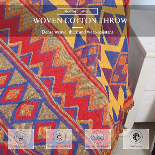 LumiSyne Cotton Woven Throw Blanket With Tassel Double-Sided Jacquard Bohemian Geometric Pattern Vintage Ethnic Style Decorative Throws For Sofa Bed Armchair Camping Blanket Tapestry Tablecloth Carpet - color: Colorful Geometric, size: 90×90cm