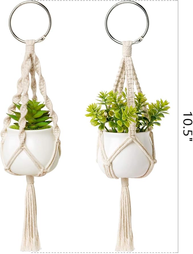 Dahey Mini Macrame Plant Car Accessories Rear View Mirrior Charm Cute Hanging Rearview Car Decor Boho Small Hanger with Artificial Succulent Plants for Plant Lover, 2 Pcs, 10.5 inch, White