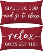 Decorative Throw Pillow Covers 12x20 Inch Set of 2 – Crimson Red Christian Lumbar Pillowcase – Give It to God and Go to Sleep/Relax God’s Got This – Christmas Faith Bedroom Bed Decor