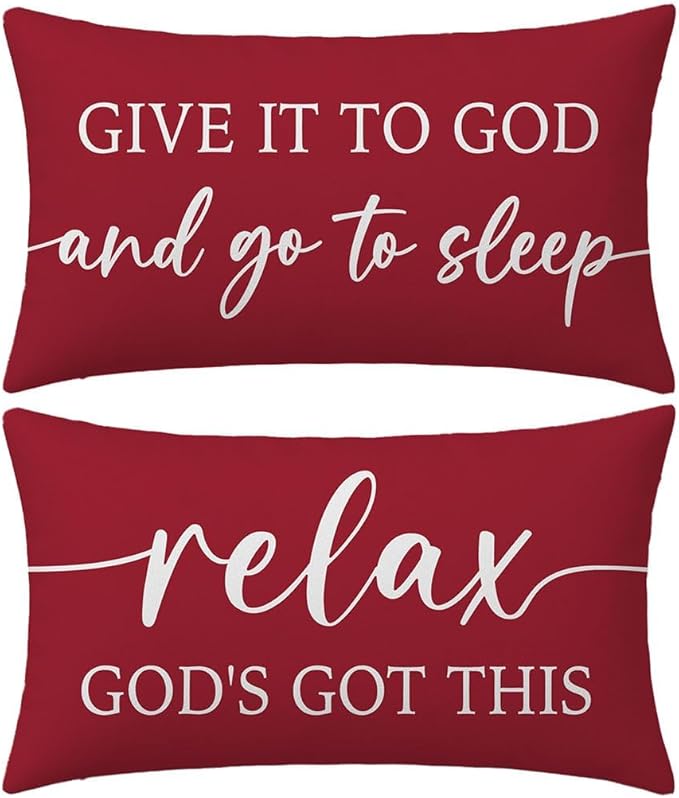 Decorative Throw Pillow Covers 12x20 Inch Set of 2 – Crimson Red Christian Lumbar Pillowcase – Give It to God and Go to Sleep/Relax God’s Got This – Christmas Faith Bedroom Bed Decor