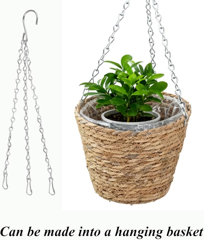 4 Pcs Seagrass Planter Basket Flower Pots with Plastic Liners 5.1 in,7 in, 9 in,10.2 in Hand Woven Plant Basket with Flower Pot Chain, Perfect for Indoor Outdoor Flower Pots Decoration