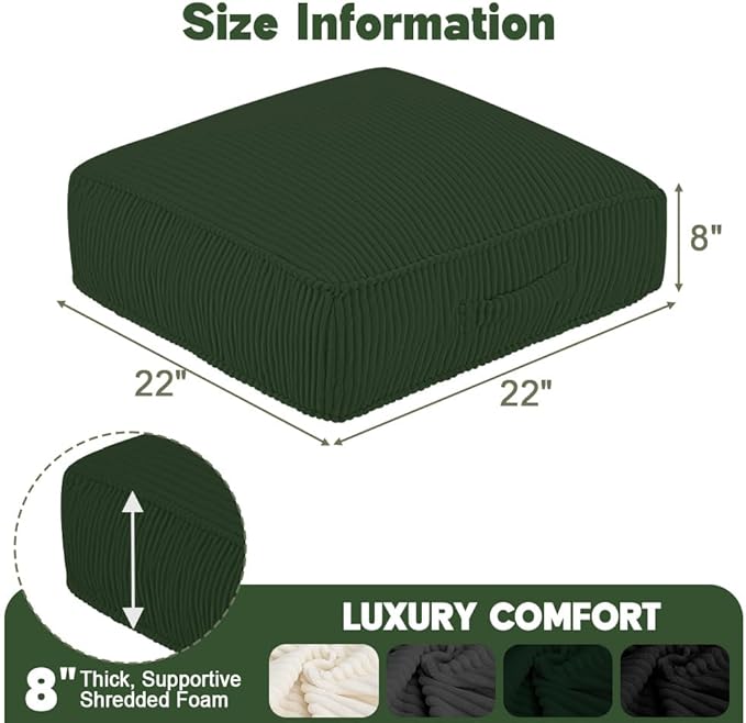 Floor Pillow for Adults Set of 2, 8" Square Floor Cushions with Washable Cover, Large Corduroy Meditation Pillow, 22 inches Tatami Seat with Handle for Living Room or Yoga, Green