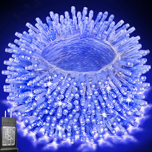 Pooqla 200 LED String Lights Indoor Outdoor, 66 ft Blue Christmas Lights Plug in with Timer, Connectable 8 Modes Waterproof Clear Wire Twinkle Fairy Lights for Halloween Xmas Tree Yard Decor - color: Blue, size: 200LED