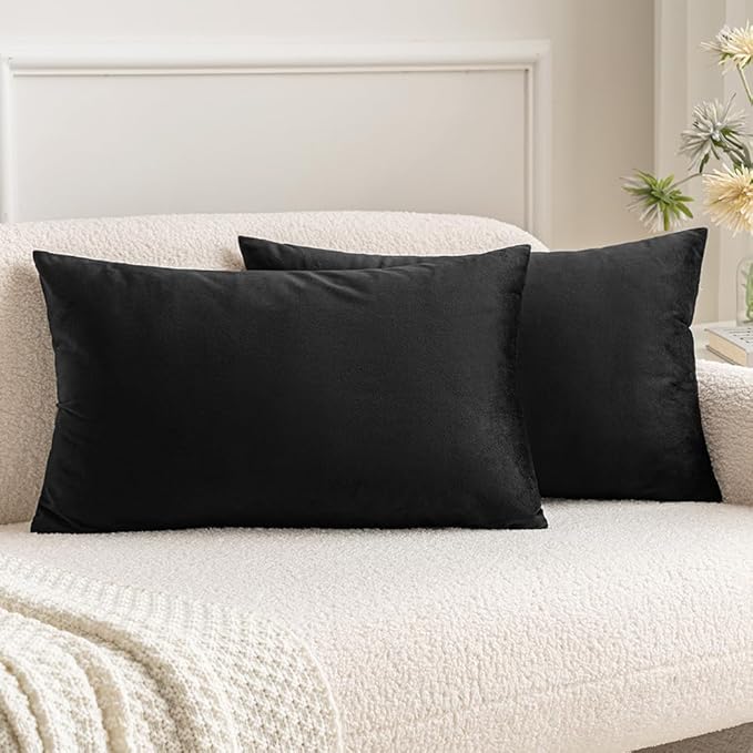 MIULEE Velvet Throw Pillow Covers 12x20 Inch, Pack of 2 - Black, Soft Solid Lumbar Decorative Pillow Covers Modern Luxury Home Decor for Chair Couch Sofa Bedroom Livingroom