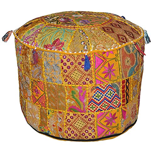 The Harry Creations Decorative Patchwork Comfortable Indian Ottoman Ethnic Cotton Cushion Bean Bag Designs Floor Embroidered Pouf Cover (Yellow, 18"x13") - color: Yellow, size: 18"x13"