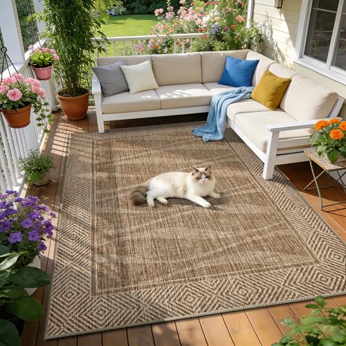 Jute Rug 5x7 Outdoor Patio Rug with Border, Washable Rugs for Living Room, Farmhouse Non Slip Area Rugs with Rubber Backing Indoor Outdoor, Non Shedding Carpet for Bedroom, Courtyard, Light Brown - color: Light Brown, size: 5'x7'