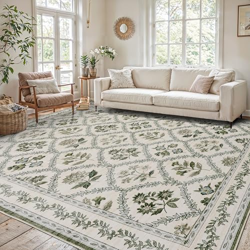 Green Area Rug 6x9 Olive Green and Beige Cream Rugs for Living Room, Non Slip Vinatge Boho Bedroom, Low-Pile Print Flower Leaf Floral Floor Covering Carpet for Home Office, Dining Room - color: Olive / Beige, size: 6' x 9' (Rectangular)