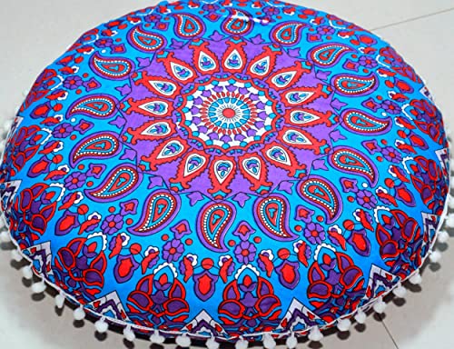 Round Mandala Floor Pillow Cover Seating Cushion Throw Cover Ottoman Pouf Cover Pom Pom Pillow Cases Hippie Decorative Bohemian Boho Indian 22 Inches (Purple Blue) - color: Purple Blue