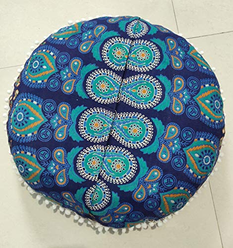 INDIAN CRAFT CASTLE 24" Blue Peacock Mandala Barmeri Large Floor Pillow Cover Cushion Meditation Seating Ottoman Throw Cover Hippie Decorative Zipped Bohemian Pouf Ottoman Pom Pom Cases 24" Round - color: Green, style: 24 Inch Round