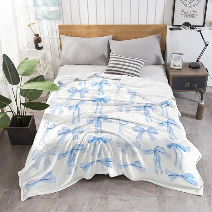 Blue Bows Blankets Preppy Coquette Room Decor Electric Blanket Girls Bedroom Decor Trendy Bow Throw Blanket Coquette Girly Blanket Gifts for Women Teens Soft Flannel Lightweight 50"x60"