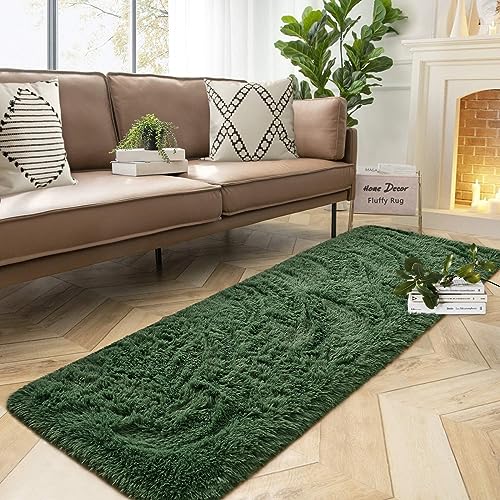DweIke Fluffy Dark Green Runner Rugs for Bedroom, 2x6 Feet Soft Plush Long Runners for Girls Boys Kids, Non-Slip and Machine Washable Bedside Rug, Small Throw Carpet for Hallway Rooms Decor - color: Dark Green, size: 2 Ft X 6 Ft