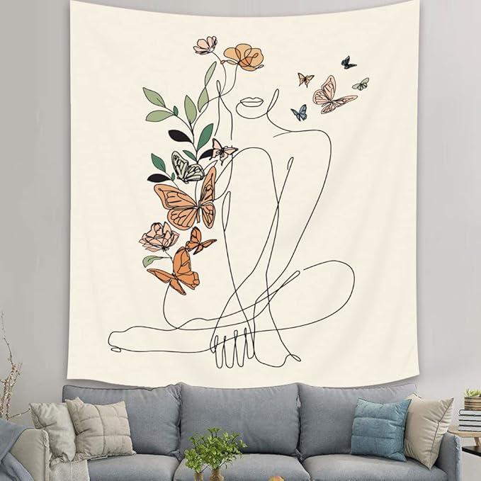 SVBright Abstract Woman Butterfly Fabric Wall Hanging Tapestry 51Wx59H Inch Minimalist Modern Flower Plant Mid Century Terracotta Aesthetic Portrait Beige Home Decor Art for Living Room Bedroom Dorm