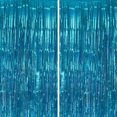 DECOCKRAT 2 Pack Foil Fringe Backdrop - Blue Shiny Tinsel Curtains for Party Decoration/Photo Booth Props - 3.3x6.6 FT Metallic Foil Backdrop for Birthday, Wedding, Graduation, Christmas. - color: Blue