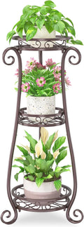 iDavosic.ly 3 Tier Metal Plant Stand Indoor Outdoor, Wrought Iron Corner Tall Flower Pot Holder Shelf, 34 Inch Vertical Heavy Duty Display Rack for Patio Porch Living Room Garden, Bronze