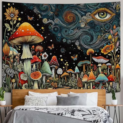Accnicc Hippie Mushroom Forest Tapestry Abstract Fantasy Sky Eye Wall Tapestry for Bedroom Aesthetic Art Floral Plant Large Tapestries Wall Hanging for Dorm Living Room Decor 80 × 60 Inch - color: Black Red, size: 80"L x 60"W