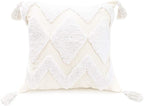 PLWORLD Boho White Throw Pillow Cover 18x18 Inch with Tassels, Moroccan Tufted Decorative Cream Chenille Fabric Accent Textured Cushion Case for Bed Couch, 1 PC