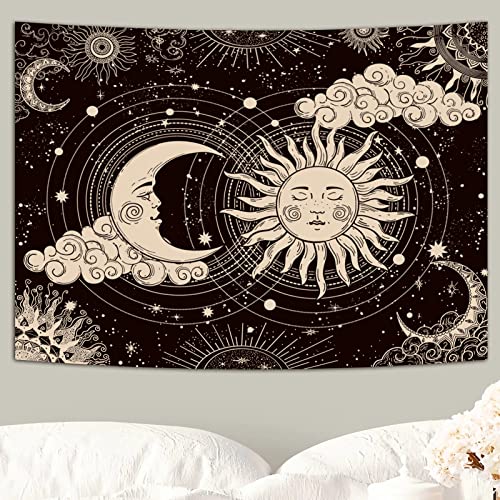 Wonrizon Sun and Moon Tapestry, Aesthetic Black Dark Spiritual Tapestries Mystic Burning Sun with Clouds Star Wall Hanging decor for Bedroom (70.9" x 94.5") - size: 94.5"L x 70.9"W