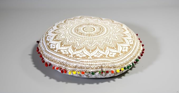 Round Mandala Floor Pillow Cover Seating Cushion Throw Cover Hippie Decorative Bohemian Ottoman Pouf Cover, Pom Pom Pillow Cases,Boho Indian 22 Inches (White Gold)