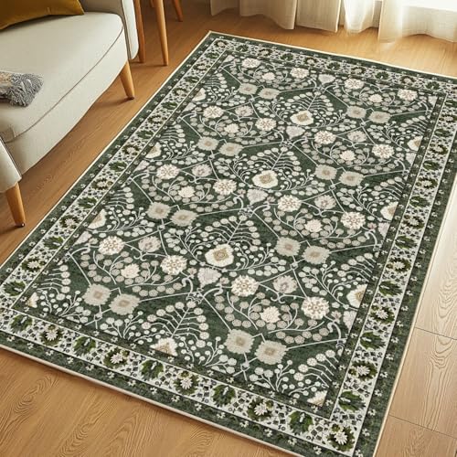 3x5 Rug Machine Washable Rugs：Boho Area Rugs Floral Rug for Living Room,TPR 3x5 Non Slip Dark Green Rugs for Under Table Carpet for Laundry Room Kids Room Dining Room - color: Green, size: 3' x 5' (Rectangular)