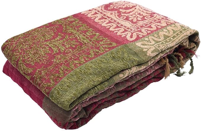 AIVIA Boho Sofa Couch Throw Blanket Slipcover, Bed Recliner Chair Throws Sofa Cover Colorful Chenille Woven Bohemian Decor - Large Oversized 87" x 103" Green Wine Red