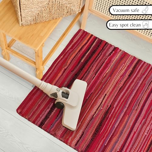 Cotton Hand Woven Chindi Rug 2x3 Feet - Red, Reversible Accent Pink Area Patio Door Mat Ideal for Entryway, Kitchen, Nursery Room, Bedroom | Farmhouse Rustic Floor Décor Rag Rugs for Balcony - color: Red, size: 2 x 3 feet
