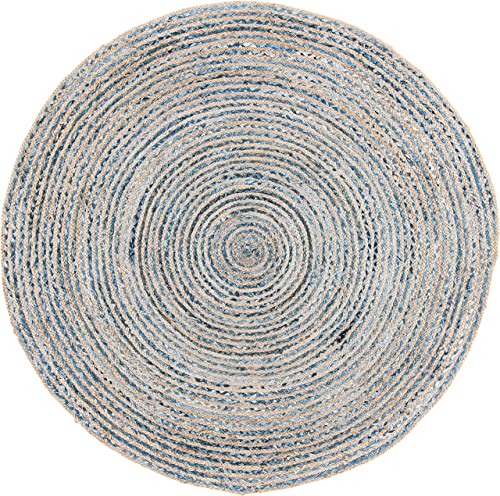 Handmade Natural Fiber Round Collection 2' Round Natural Handmade Boho Charm Farmhouse Jute Area Rug (Denim & White) - color: Denim & White