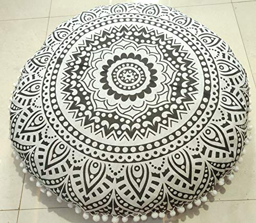 INDIAN CRAFT CASTLE 24" Grey Ombre Mandala Barmeri Large Floor Pillow Cover Cushion Meditation Seating Ottoman Throw Cover Hippie Decorative Zipped Bohemian Pouf Ottoman Pom Pom Cases 24" Round - color: Grey, style: 24 Inch Round