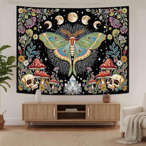 Accnicc Moth Tapestry Boho Mushroom Hippie Skull Wall Tapestry for Bedroom Aesthetic Vintage Floral Plant Moon Phase Small Tapestries Wall Hanging for Dorm Living Room Decor 60 x 44 Inch - color: Green Black, size: 60"L x 44"W