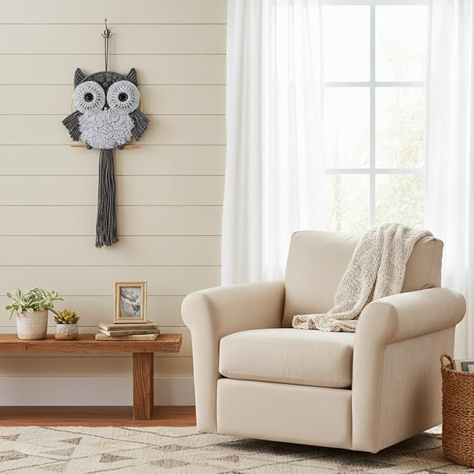 ACEDSGN Macrame Owl Wall Hanging Boho Dream Catcher, Handmade Tapestry Fiber Art Wall Decor for Nursery Bedroom Living Room, Sustainable Gift for Owl Lovers & Nature Fans - Gray