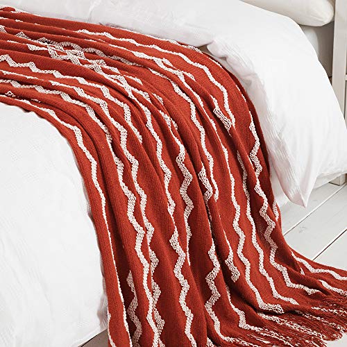 BOURINA Fluffy Chenille Knitted Fringe Throw Blanket Lightweight Soft Cozy for Bed Sofa Chair Throw Blankets, Rust 50" x 60" - color: A-rust, size: 50"×60"