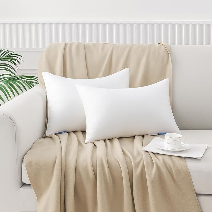 Leeden 12x20 Pillow Inserts Pack of 2, Fluffy Lumbar Throw Pillow Inserts, Soft Rectangle Decorative Throw Pillows for Couch, Sofa, Bed, and Home Decor White Pillows