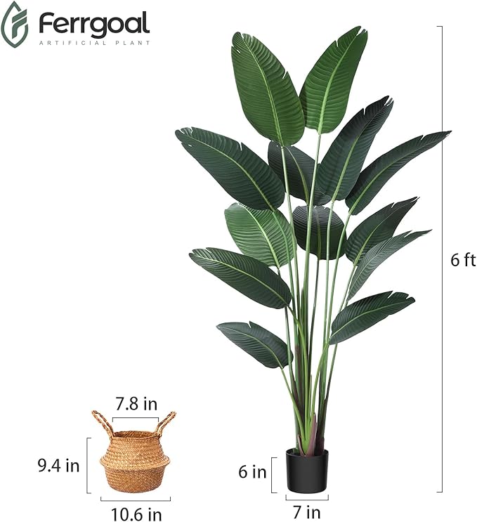 Artificial Bird of Paradise Plants 6 Ft Fake Tropical Tree with Woven Basket, Faux Banana Leaf Plant for Home Indoor Outdoor Office Modern Decor Green 2 Set