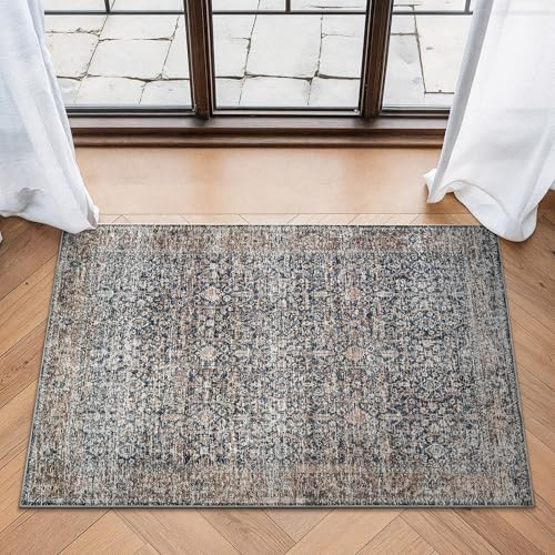 Bloom Rugs Washable Non-Slip 2x3 Rug - Dark Blue/Tan Traditional Oriental Area Rug for Living Room, Bedroom, Dining Room, and Kitchen - Exact Size: 2' x 3' - color: Dark Blue / Tan, size: 2' x 3' (Rectangular)