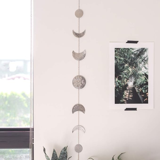 BASE ROOTS Moon Phase Wall Decor, Silver Wall Decor for Bedroom & Living Room, Bohemian Wall Decor, Handmade Hammered Metal 34" 7 Phases Moon Wall Decor, Celestial Wall Art, Gift for Women & Kids