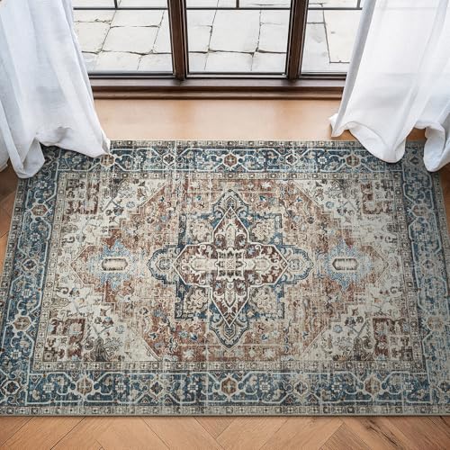 Bloom Rugs Caria Washable Non-Slip 3x5 Rug - Terracotta/Blue Traditional Area Rug for Living Room, Bedroom, Dining Room, and Kitchen - Exact Size: 3' x 5' - color: Terracotta / Blue, size: 3' x 5' (Rectangular)