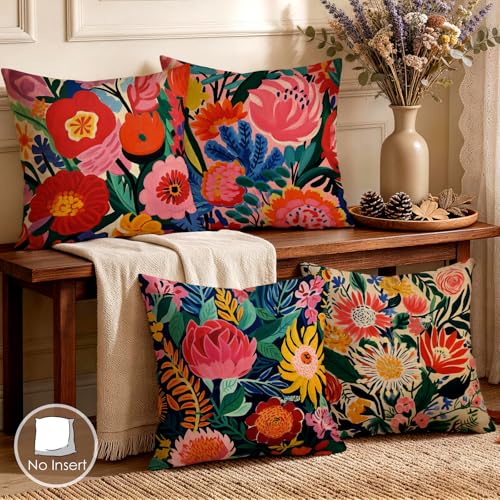 OBSEDE Floral Decorative Throw Pillow Covers 18x18 Set of 4, Double-Sided Print Soft Pillow Cases for Couch Sofa Bed Living Room Decor - color: Warm Botanical Chromatic Art, size: 18" x 18" (Pack of 4)