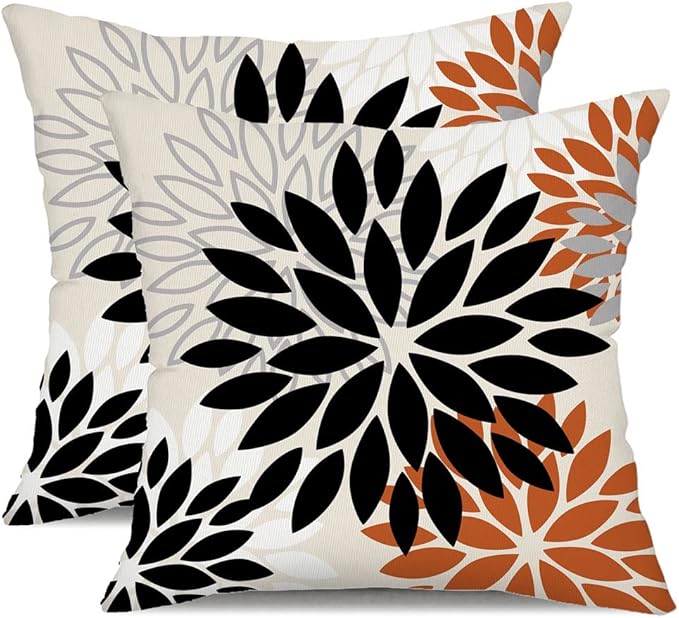 DFXSZ Black Orange Flower Pillow Covers 20x20 Inch Set of 2 Outdoor Throw Pillows Outdoor Waterproof Decor for Living Room Sofa Patio Funiture Garden Floral Polyester Pillow Covers 002V20