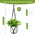 Macrame Plant Hanger, Up to 4-15 inch Pots, Wood Beads Cotton Hanging Planter Holder for Indoor Outdoor Boho Home Decor, 35 Inch, Set of 2 (Black)