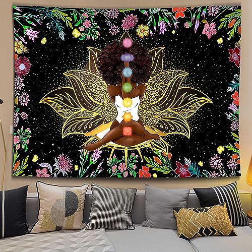 Ine Ive African Chakra Tapestry African American Woman Zen Meditation Tapestries 80x60 Inch Starry Sky Flower Garden Inspirational Afro Yoga Wall Art for Bedroom Dorm Decor - size: 80"L x 60"W