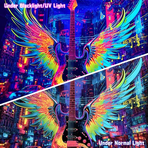 AOHMPT Blacklight Guitar Wings Tapestry Trippy Fluorescent Wall Hanging Psychedelic Rock Music Neon City Art Glow in the Dark Tapestries for Bedroom Decor, 79x59 In, Music Festival Gift - color: Guitar, size: 79"L x 59"W